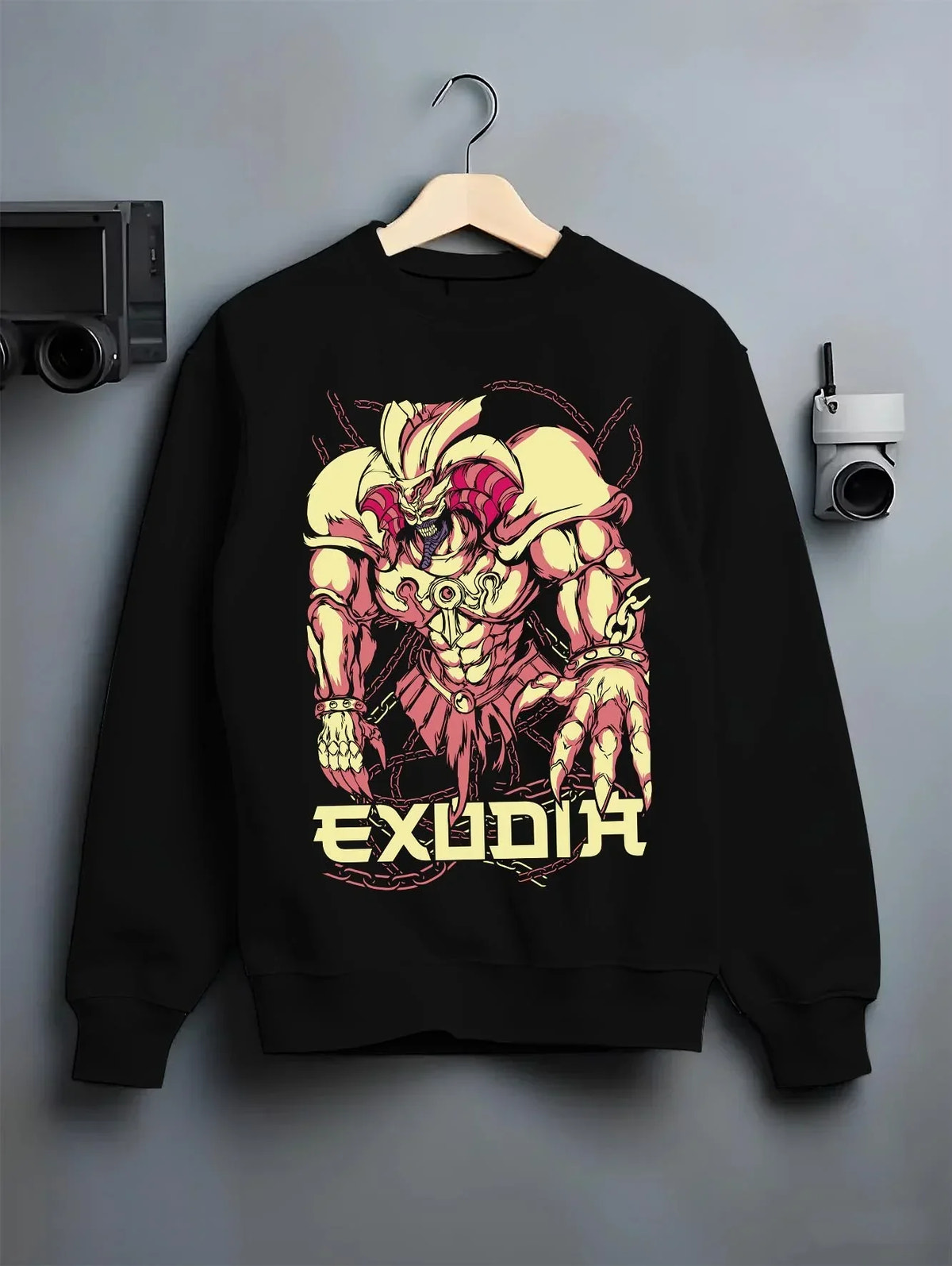 Black crewneck sweatshirt on hanger with Exodia Hoodie Yu-Gi-Oh Legendary Forbidden Monster graphic bold anime graphic.