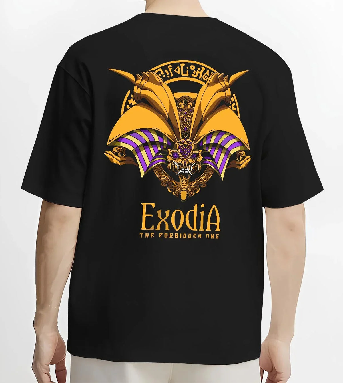 Black T-shirt worn by male model, back view with Exodia Hoodie Yu-Gi-Oh Legendary Forbidden God Form graphic premium wear.