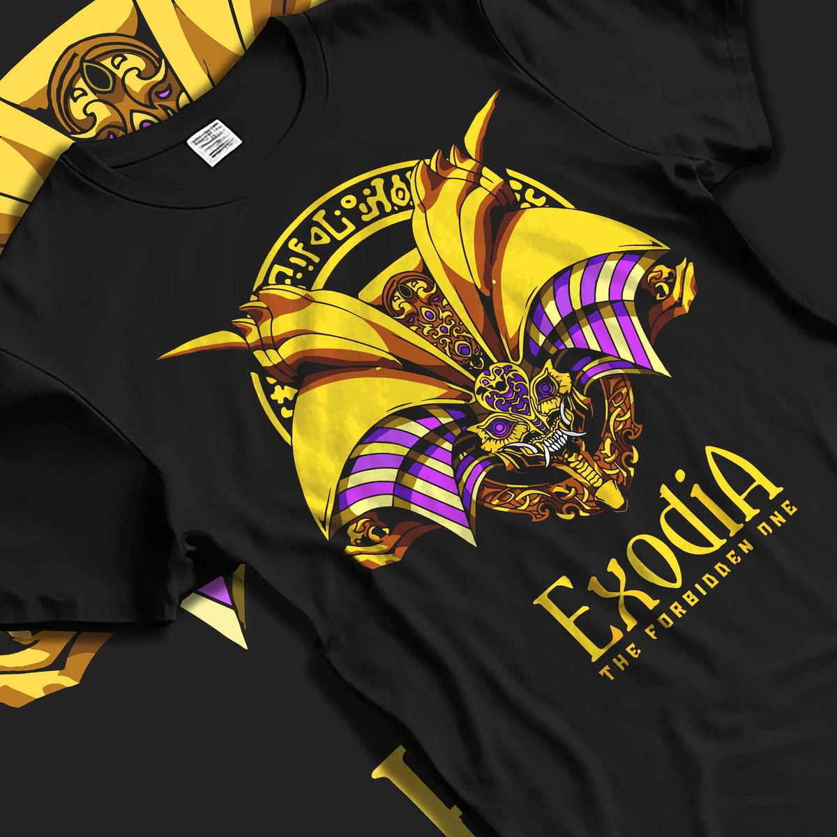 Black T-shirt laid flat with natural folds with Exodia Hoodie Yu-Gi-Oh Legendary Forbidden God Form graphic premium wear.