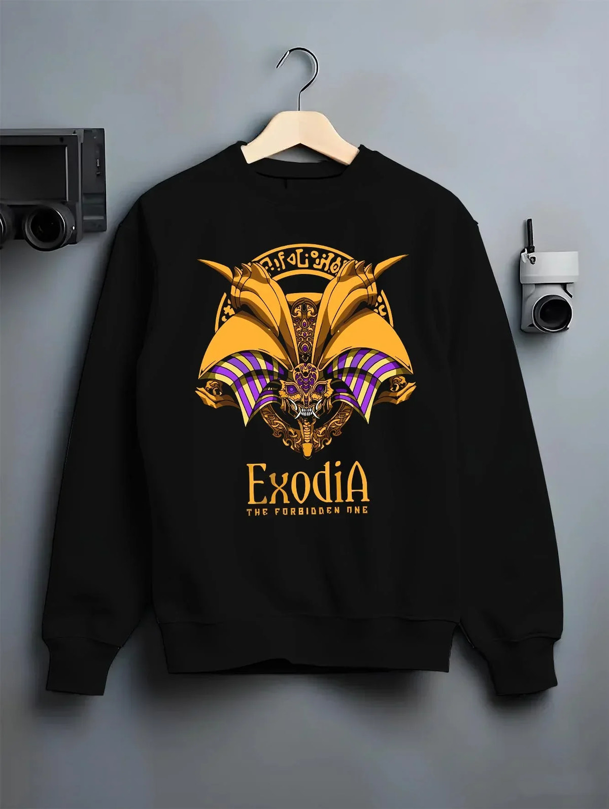 Black crewneck sweatshirt on hanger with Exodia Hoodie Yu-Gi-Oh Legendary Forbidden God Form graphic Exodia anime design.