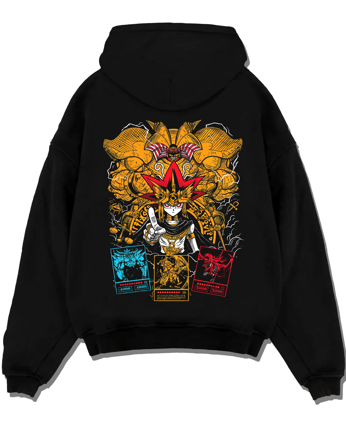 Black hoodie laid flat featuring Exodia Yu-Gi-Oh forbidden power artwork.