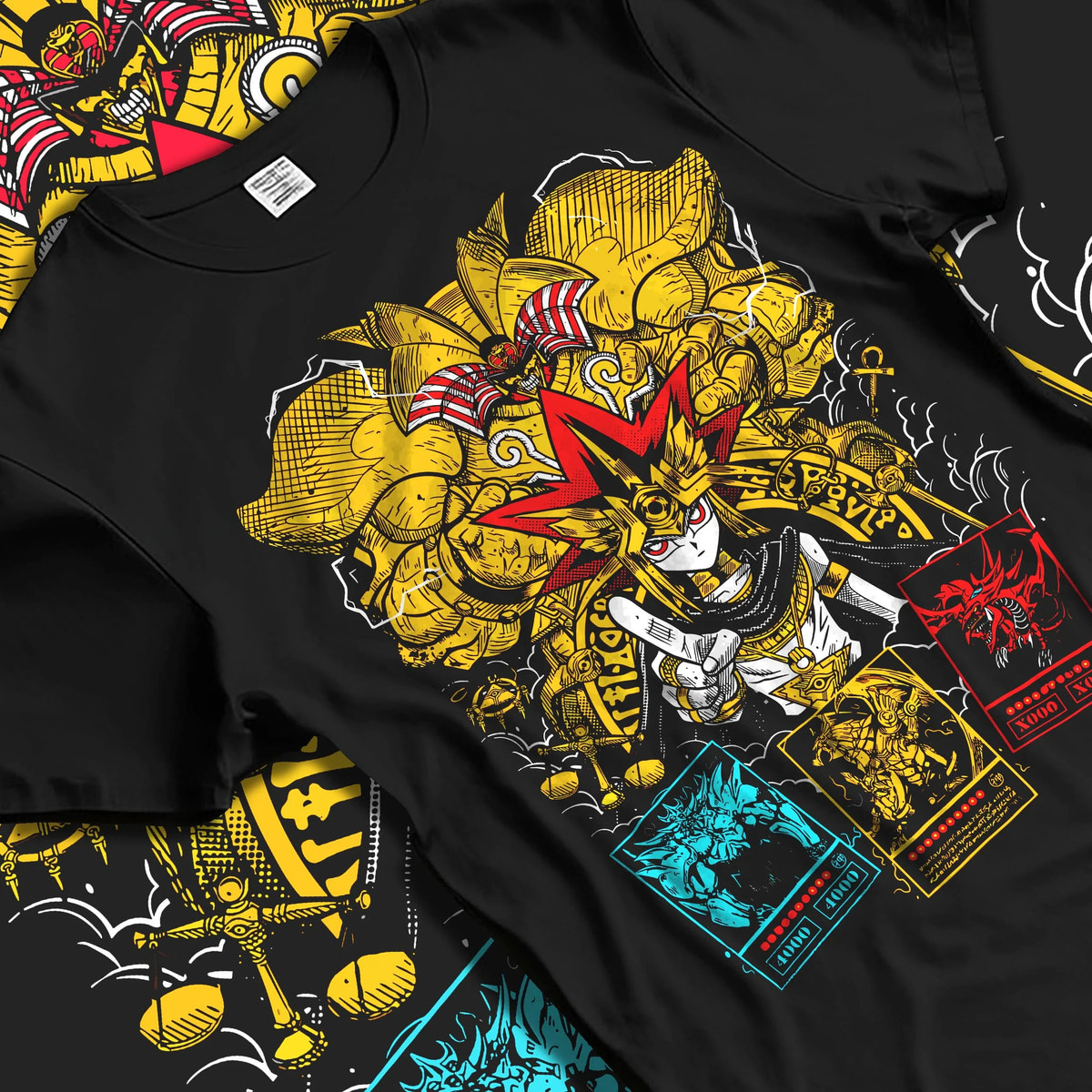 Black T-shirt laid flat with natural folds featuring Exodia Yu-Gi-Oh forbidden power artwork.