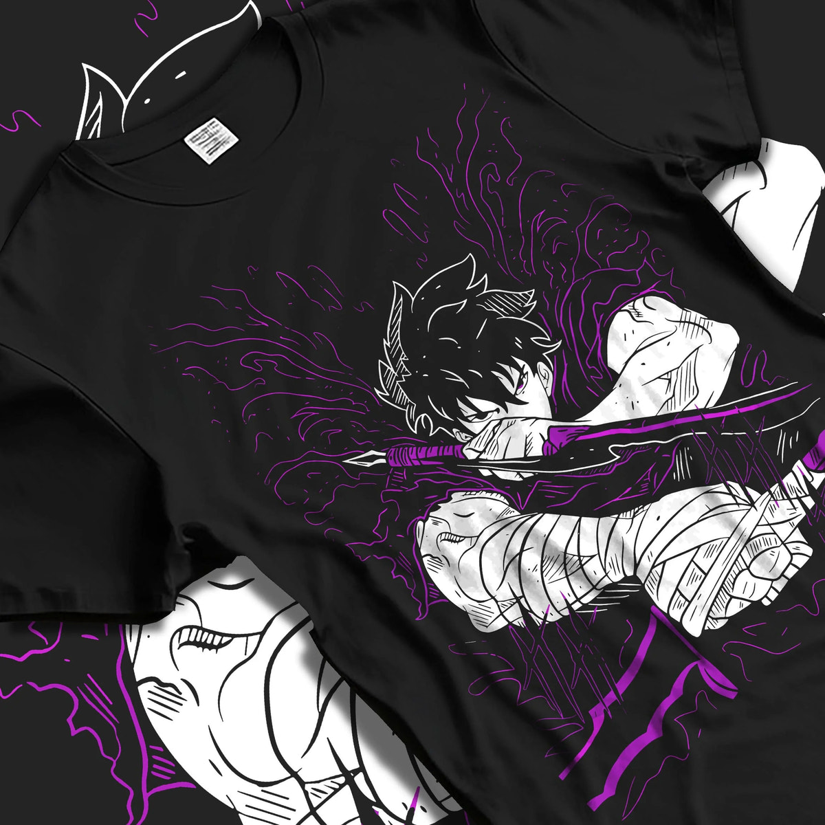 Black T-shirt laid flat with natural folds featuring Ken Kaneki Tokyo Ghoul dark awakening artwork.