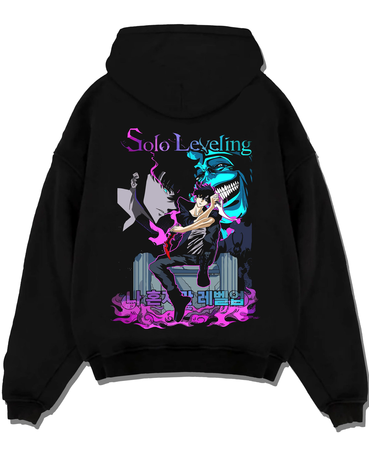 Black hoodie laid flat featuring Sung Jin-Woo Solo Leveling shadow extract artwork.