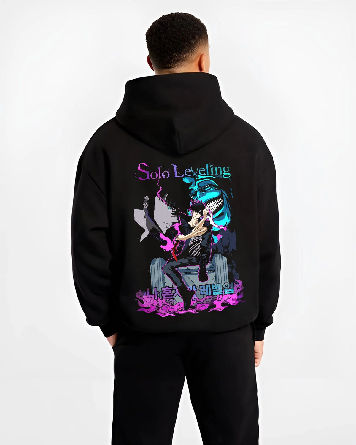 Black hoodie worn by male model from the back featuring Sung Jin-Woo Solo Leveling shadow extract artwork.