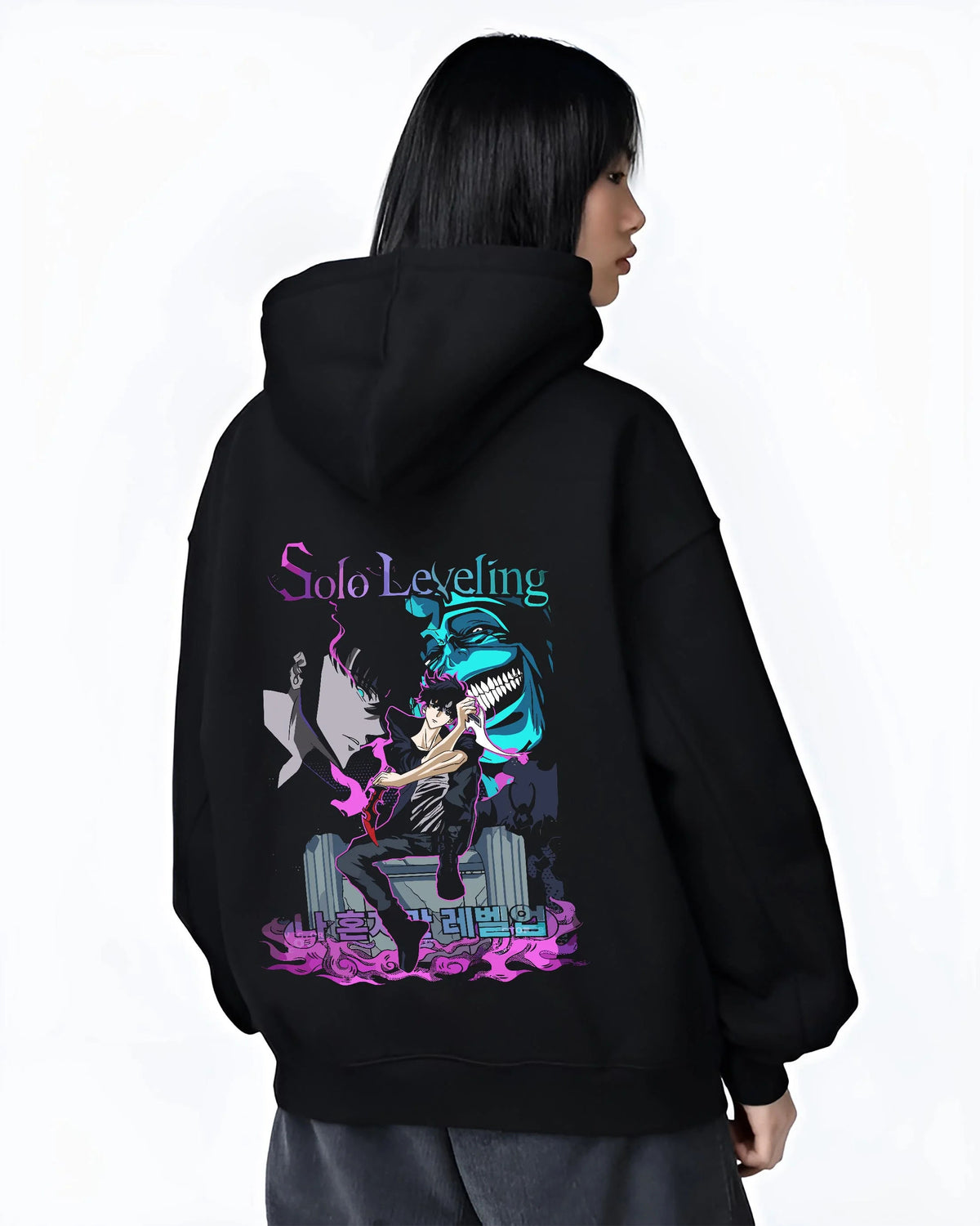 Black hoodie worn by female model from the back featuring Sung Jin-Woo Solo Leveling shadow extract artwork.