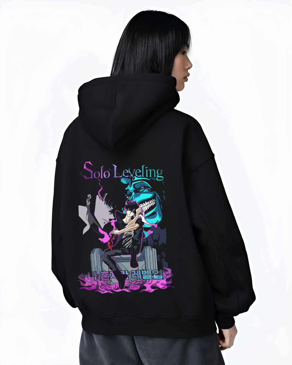 Black hoodie worn by female model from the back featuring Sung Jin-Woo Solo Leveling shadow extract artwork.