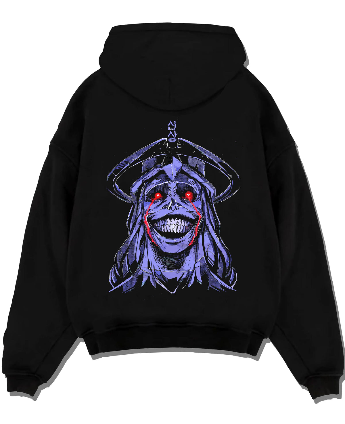 Black hoodie laid flat featuring Solo Leveling dark monarch face artwork.