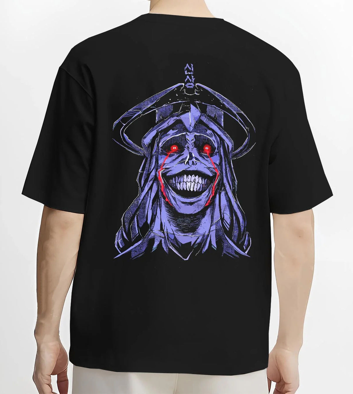Black T-shirt worn by male model from the back featuring Solo Leveling dark monarch face artwork.