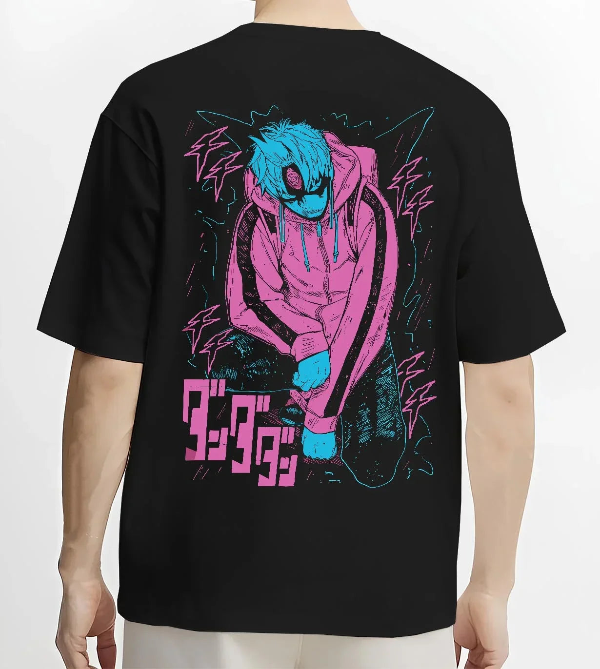 Black T-shirt worn by male model, back view with JoJo Hoodie Yoshikage Kira Bizarre Adventure Killer graphic premium wear.