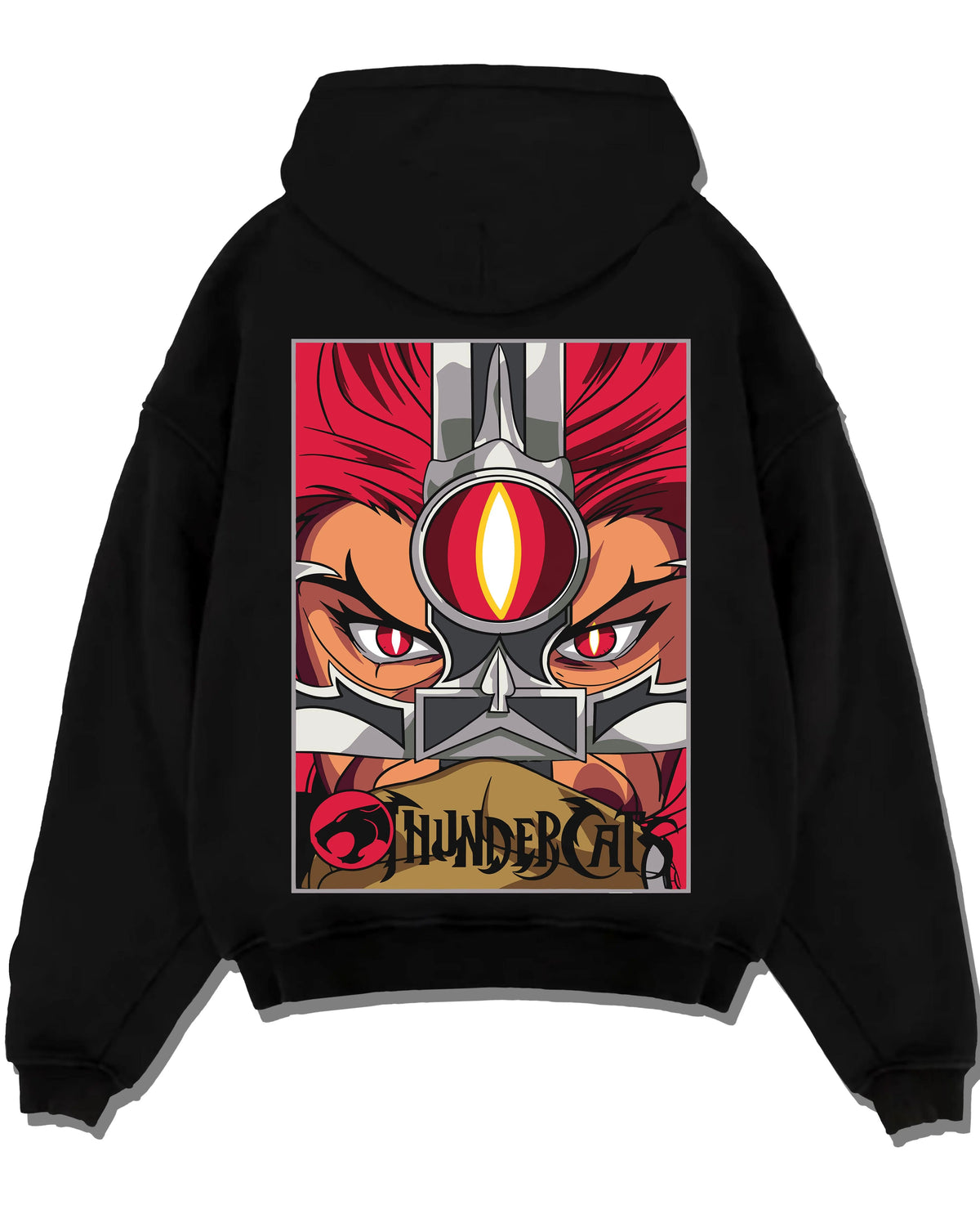 Black hoodie laid flat featuring Thundercats Eye of Thundera artwork.