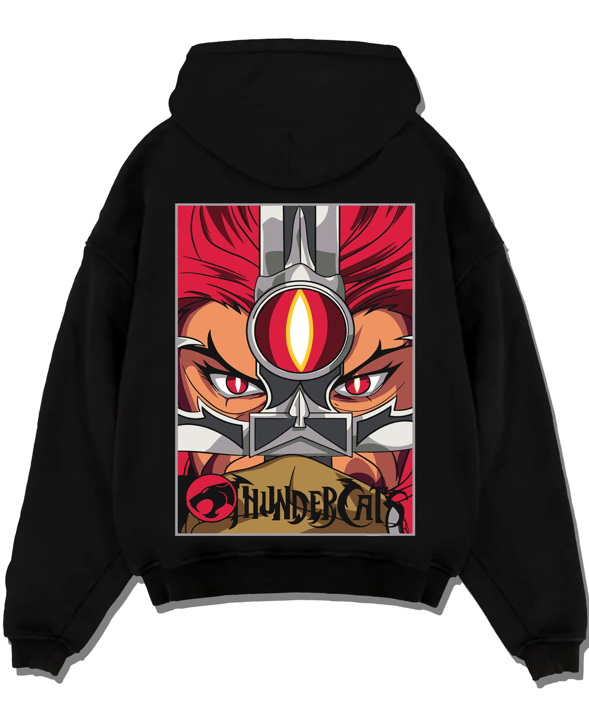 Black hoodie laid flat featuring Thundercats Eye of Thundera artwork.