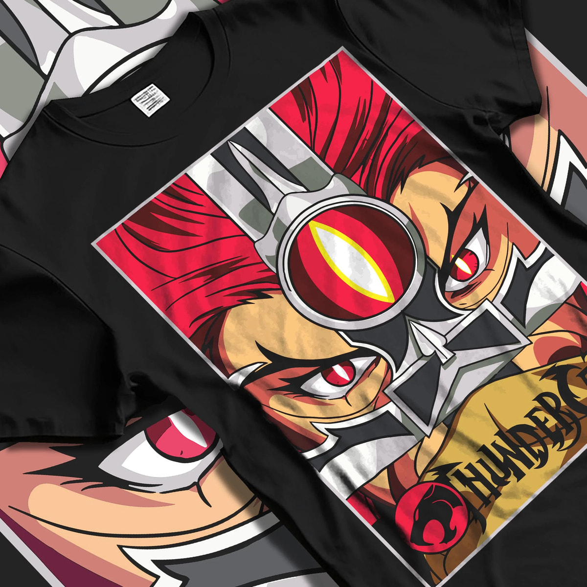 Black T-shirt laid flat with natural folds featuring Thundercats Eye of Thundera artwork.
