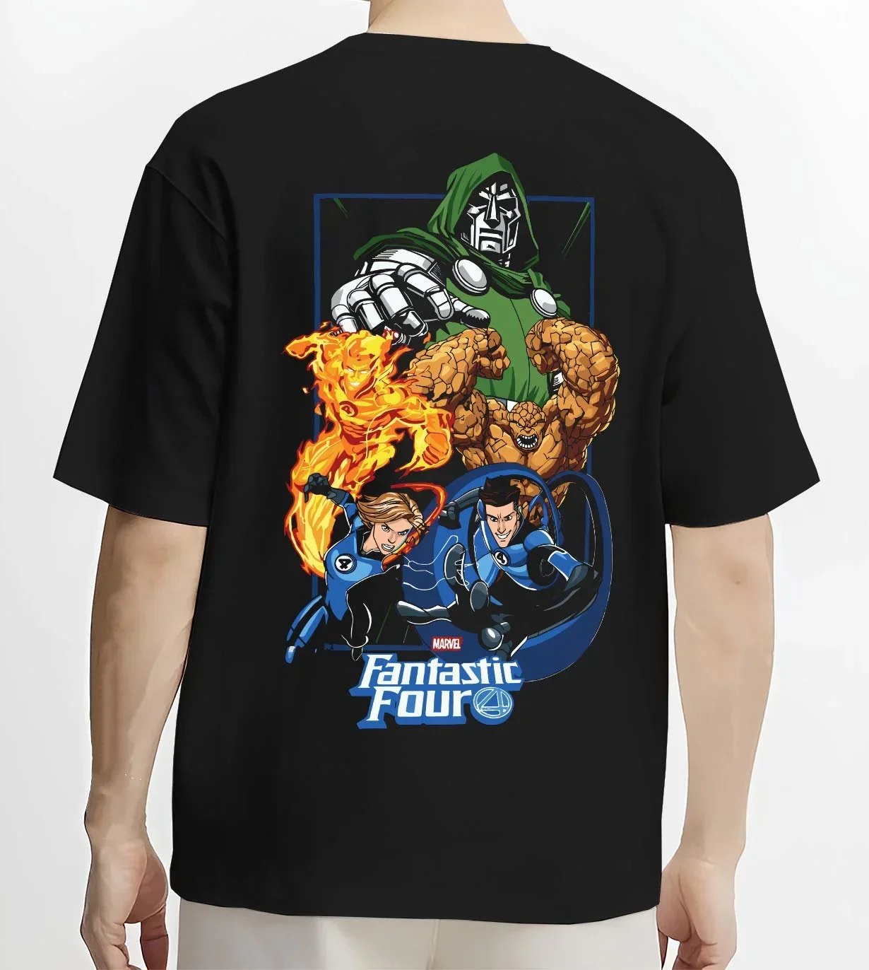 Black T-shirt worn by male model, back view with Doctor Doom Hoodie Fantastic Four Retro Villain Art graphic bold anime graphic.