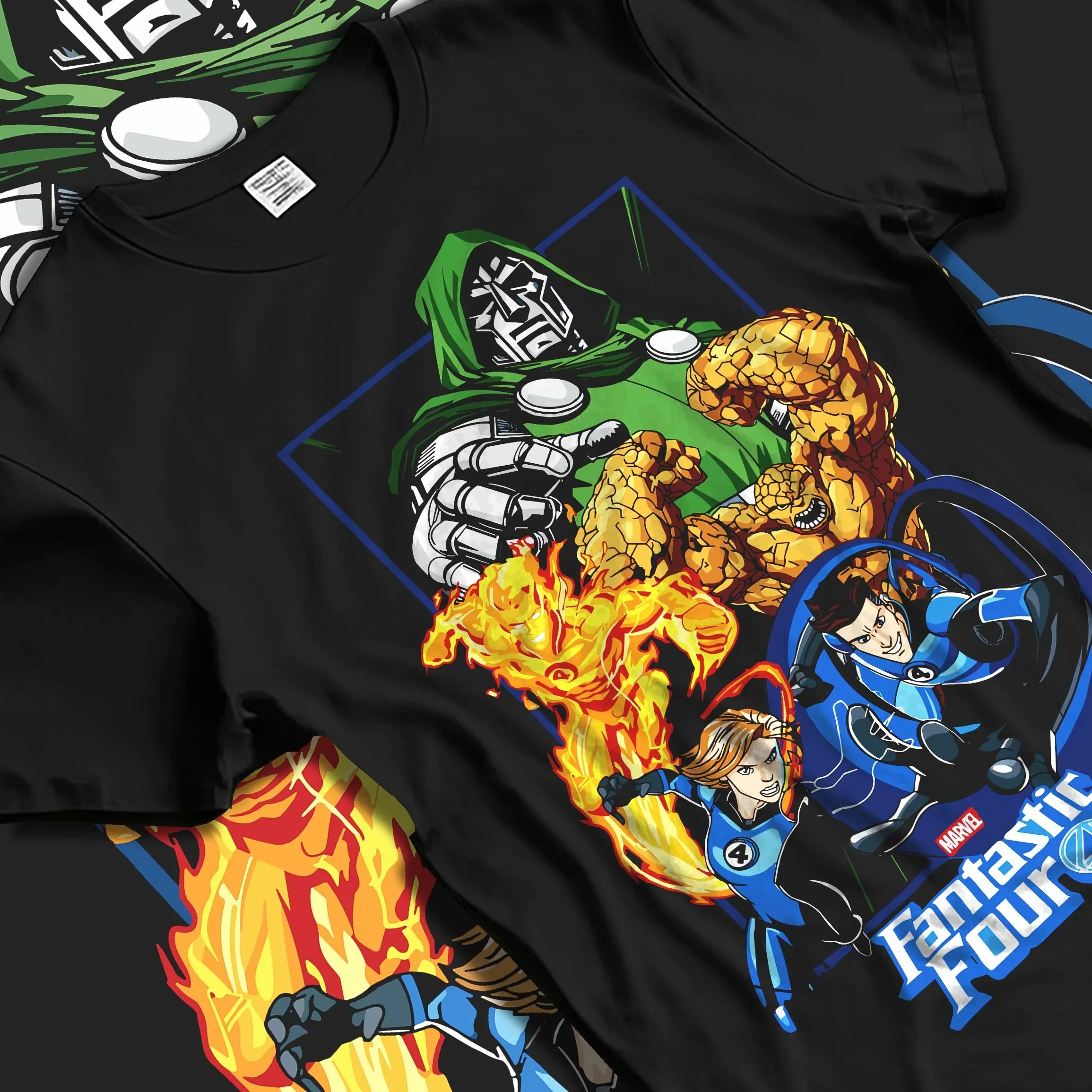Black T-shirt laid flat with natural folds with Doctor Doom Hoodie Fantastic Four Retro Villain Art graphic streetwear graphic.