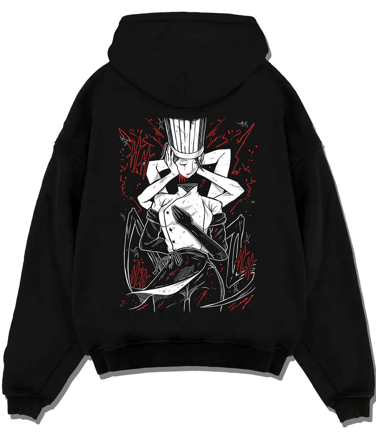 Black hoodie flat back view with Falling Devil in chef attire from Chainsaw Man illustrated back graphic