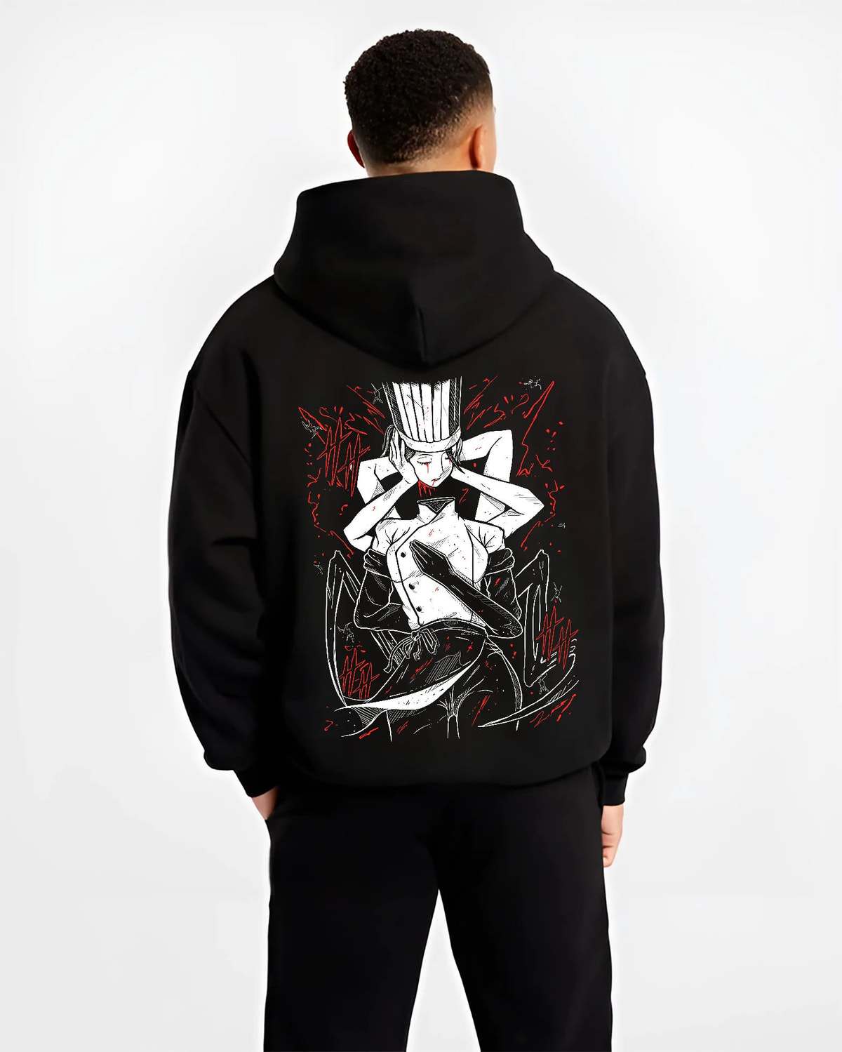 Black hoodie model back view with Falling Devil in chef attire from Chainsaw Man illustrated back graphic