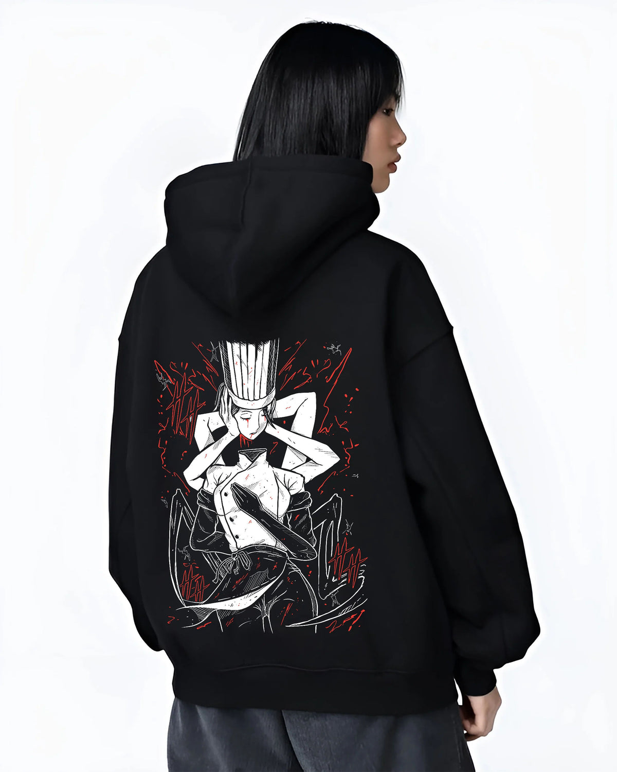 Black hoodie female model back view with Falling Devil in chef attire from Chainsaw Man illustrated back graphic