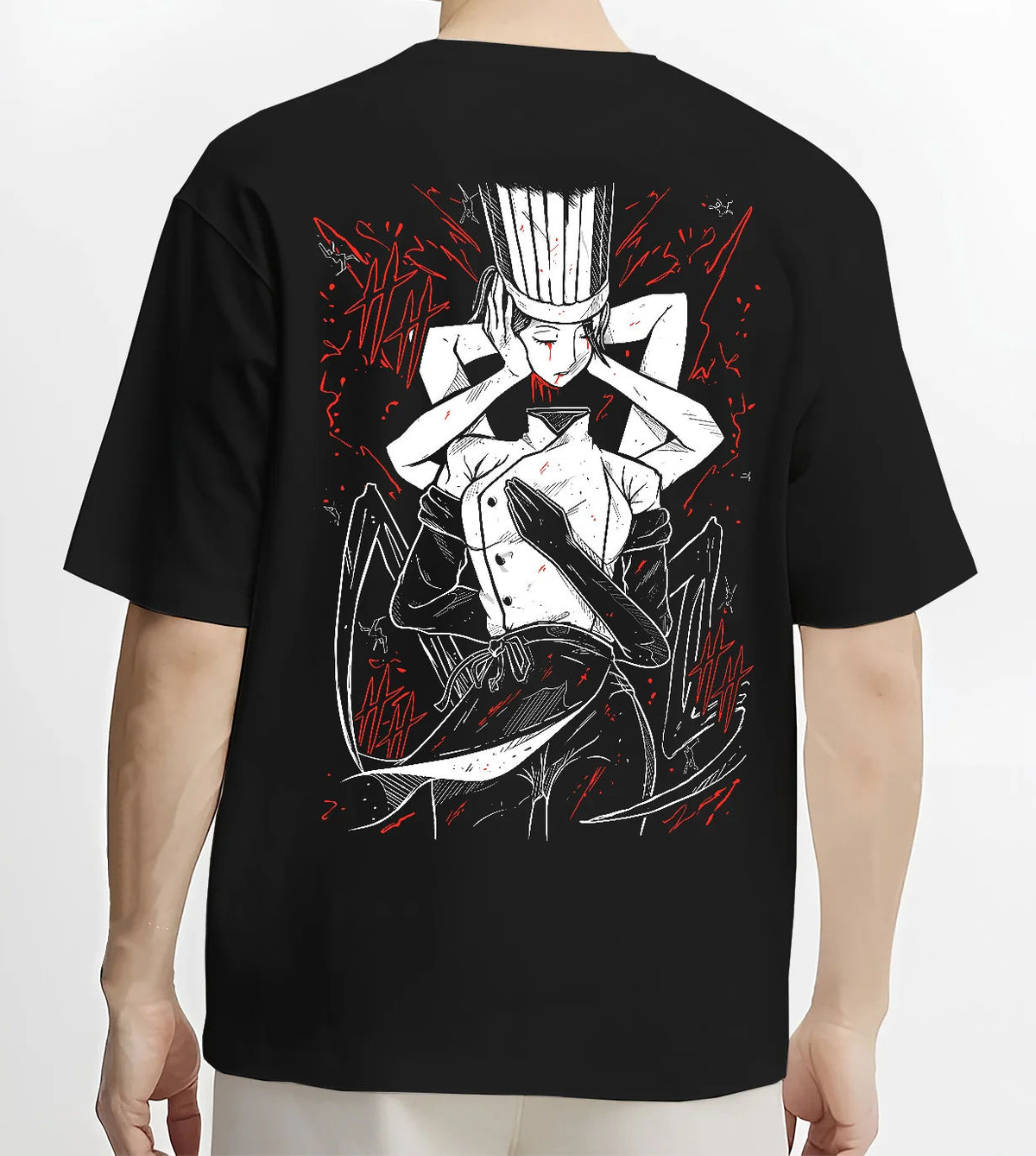 Black T-shirt model back view with Falling Devil in chef attire from Chainsaw Man illustrated back graphic