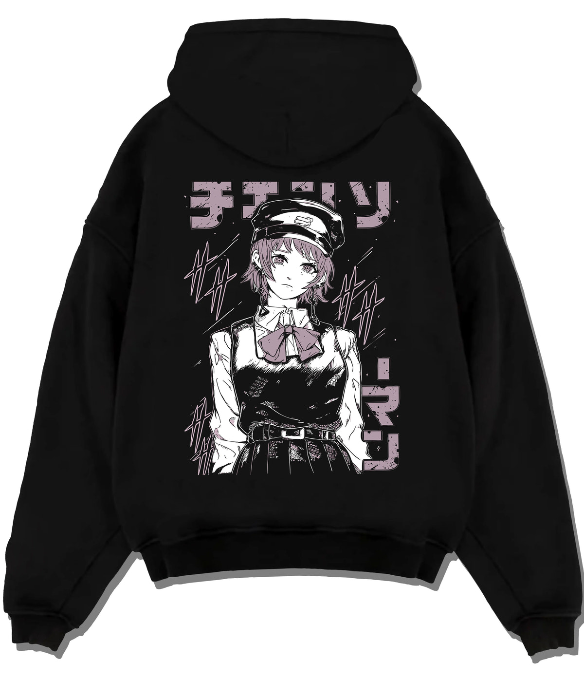 Black hoodie flat back view with Fami / Famine Devil from Chainsaw Man illustrated back graphic