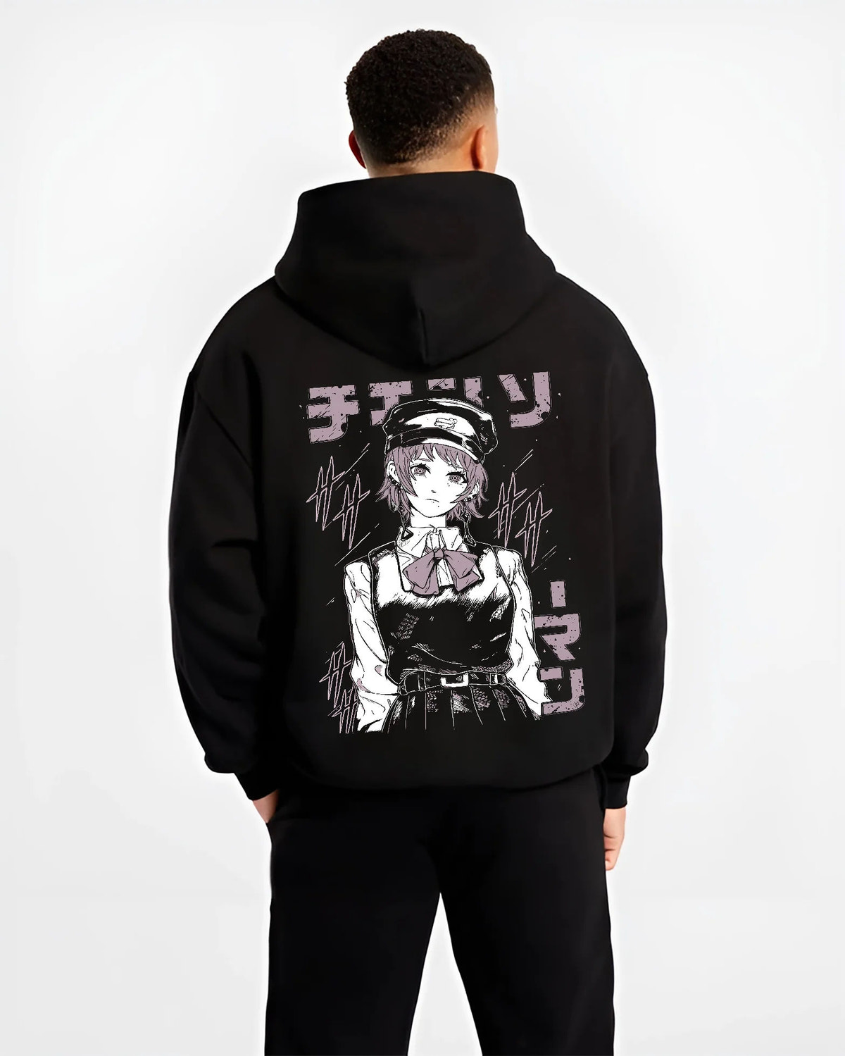 Black hoodie model back view with Fami / Famine Devil from Chainsaw Man illustrated back graphic