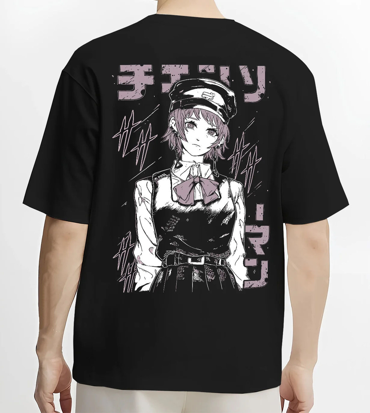 Black T-shirt model back view with Fami / Famine Devil from Chainsaw Man illustrated back graphic