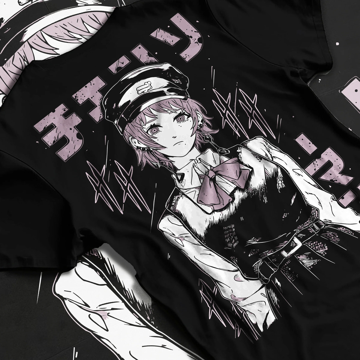 Black T-shirt flat back view with Fami / Famine Devil from Chainsaw Man illustrated back graphic