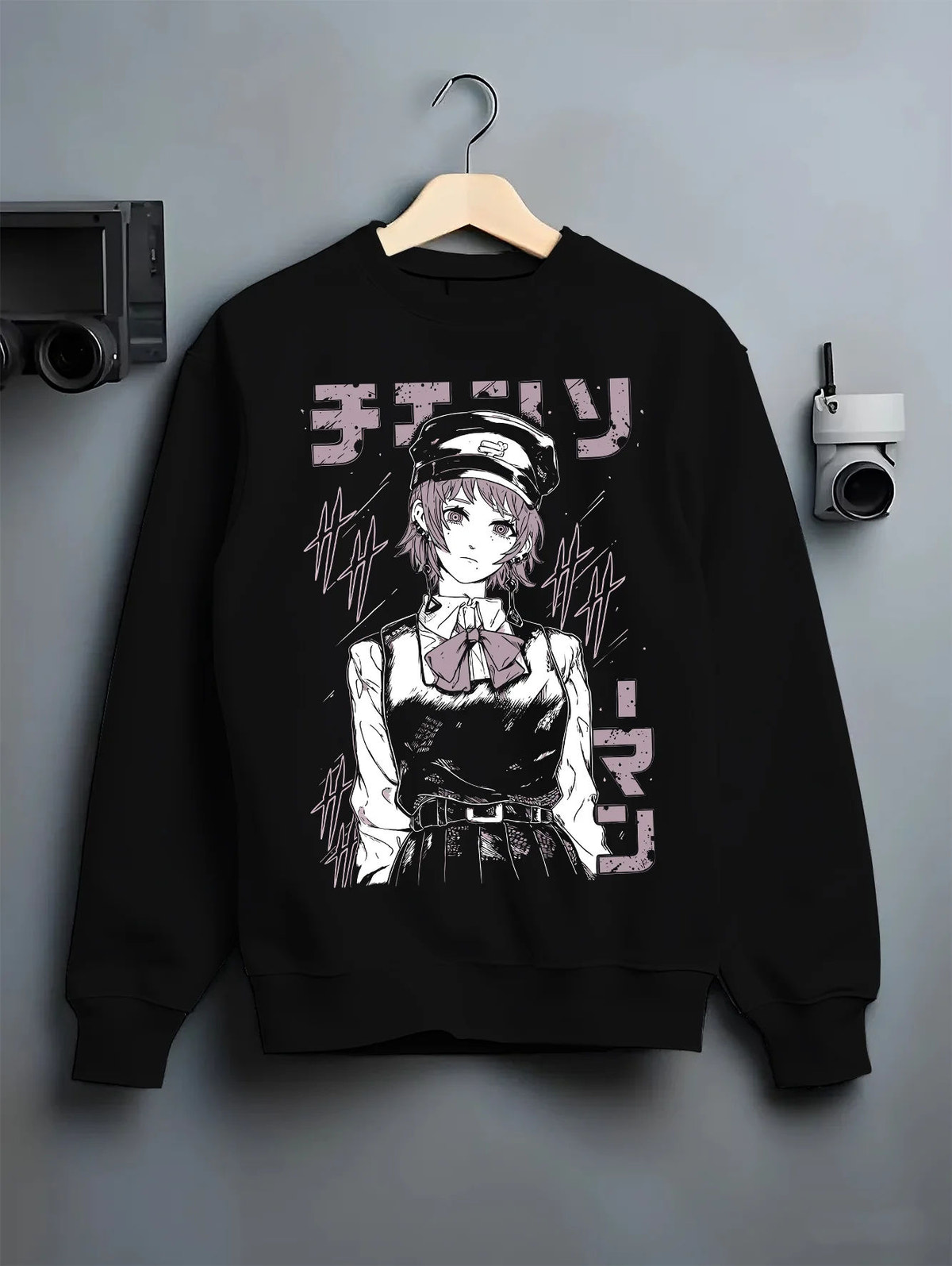 Black crewneck sweatshirt on hanger with Fami / Famine Devil from Chainsaw Man illustrated back graphic