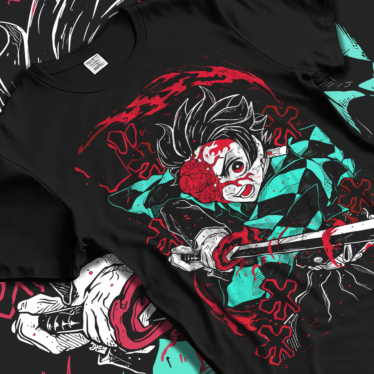 Black T-shirt laid flat with natural folds featuring Tanjiro Kamado Demon Slayer Fire God Dance artwork.