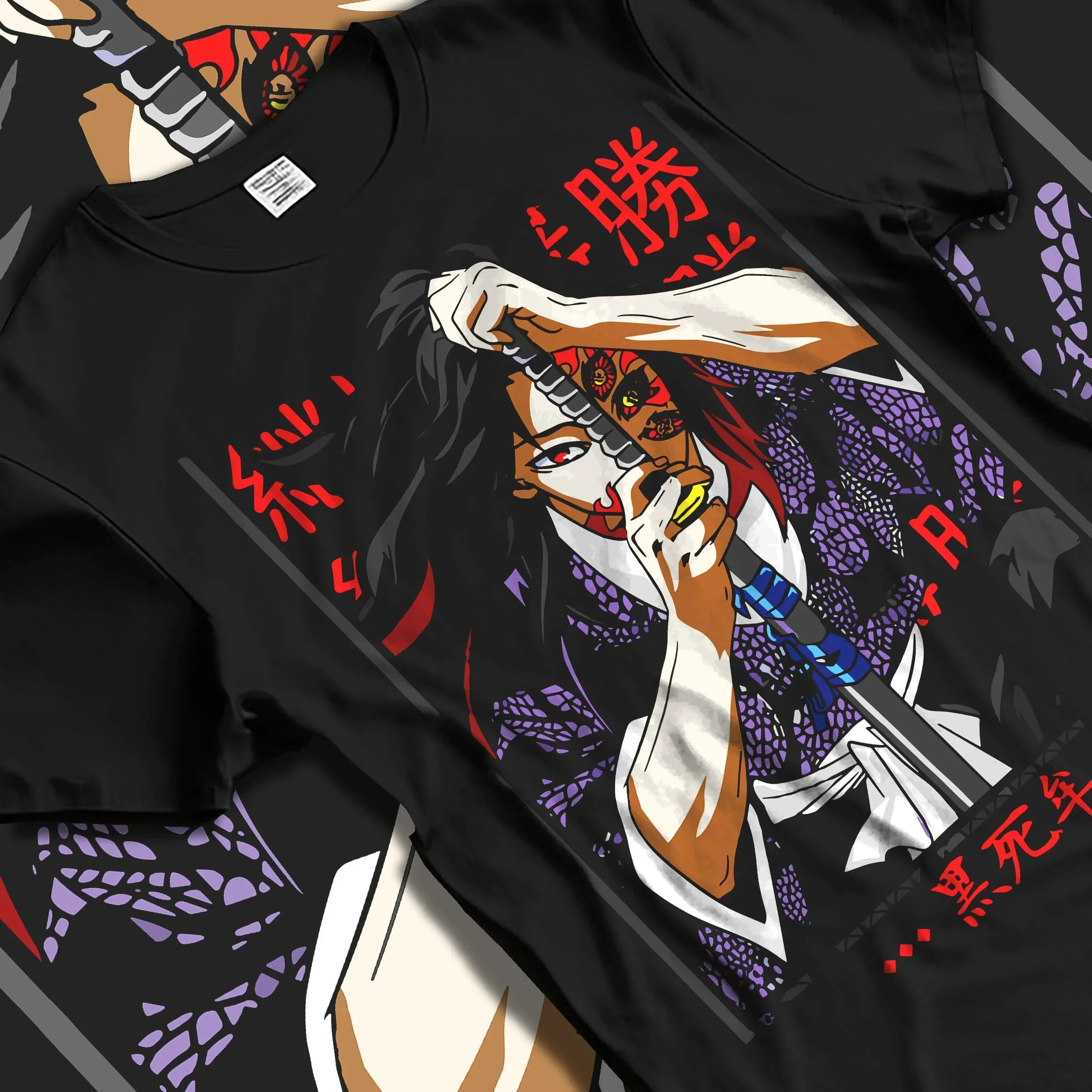 Black T-shirt laid flat with natural folds with Demon Slayer Hoodie Kokushibo Sword Form Jumper graphic streetwear graphic.