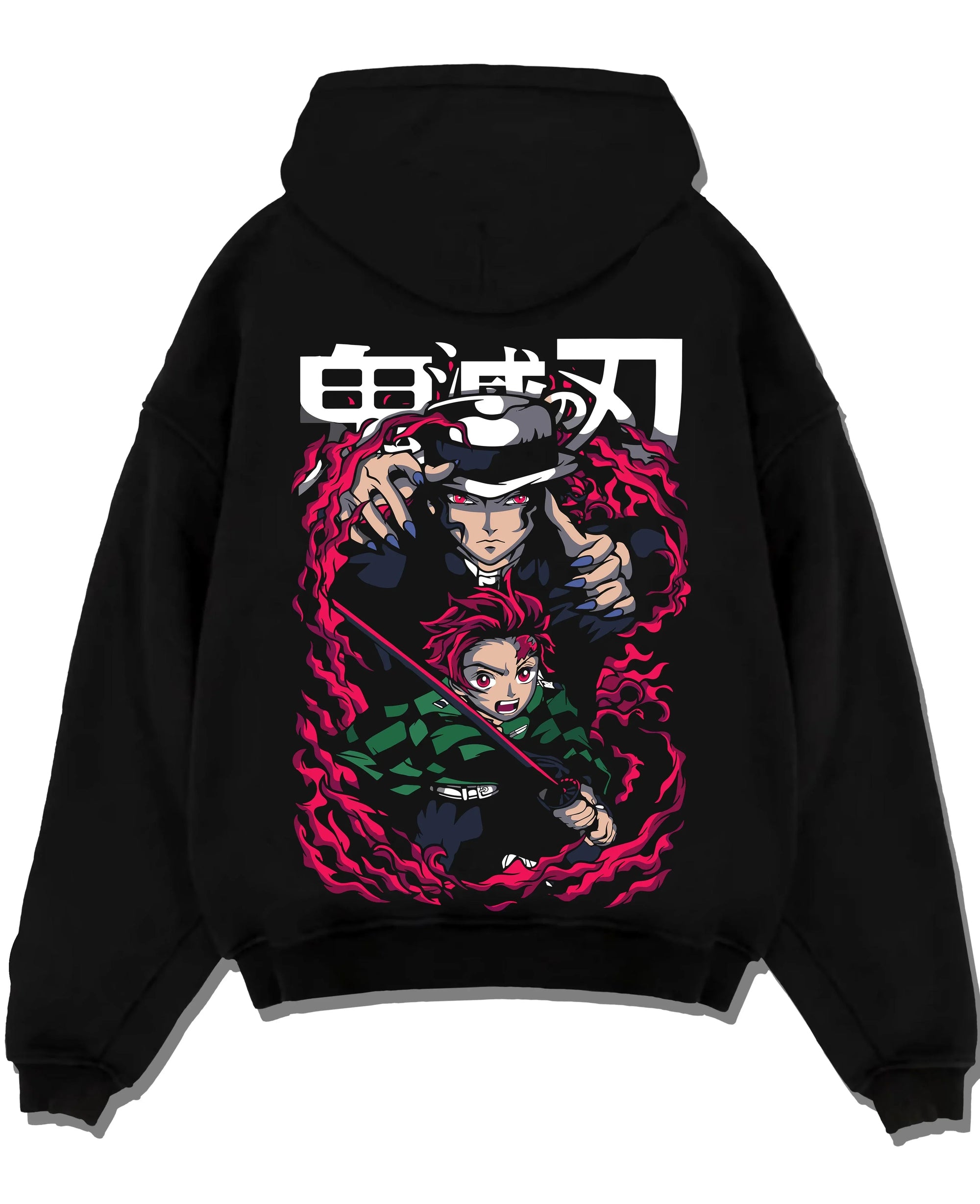 Black pullover hoodie laid flat with Demon Slayer Hoodie Kokushibo Blade Duel Jumper graphic premium wear.