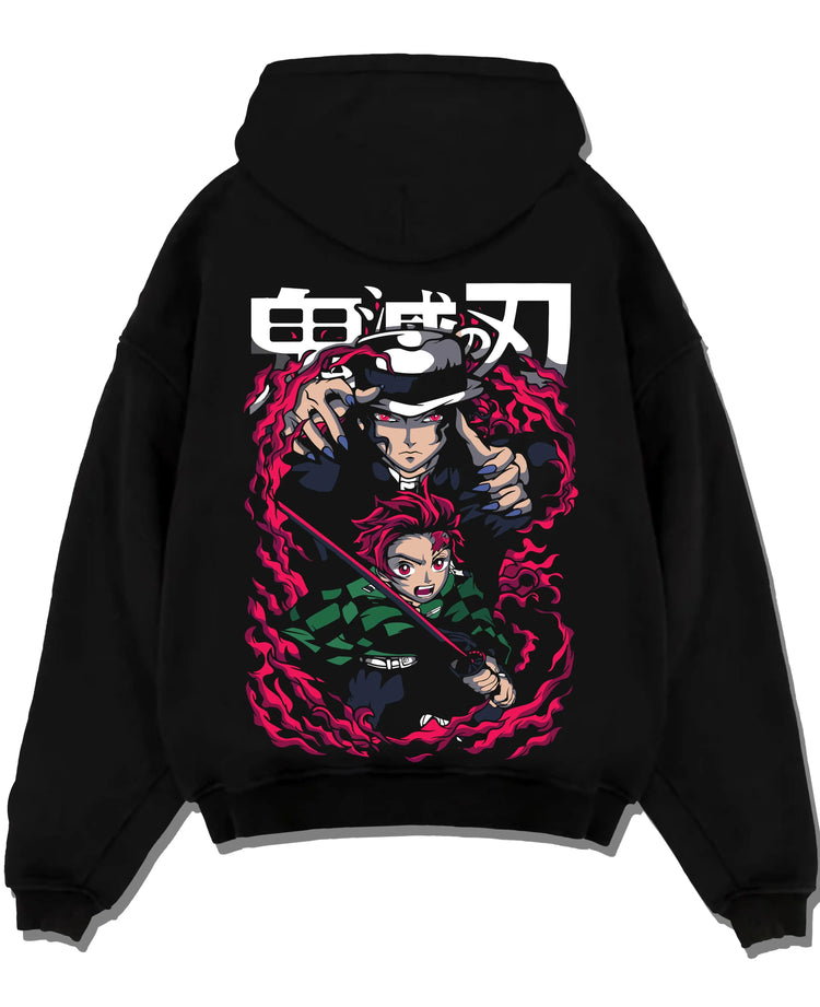 Black pullover hoodie laid flat with Demon Slayer Hoodie Kokushibo Blade Duel Jumper graphic premium wear.