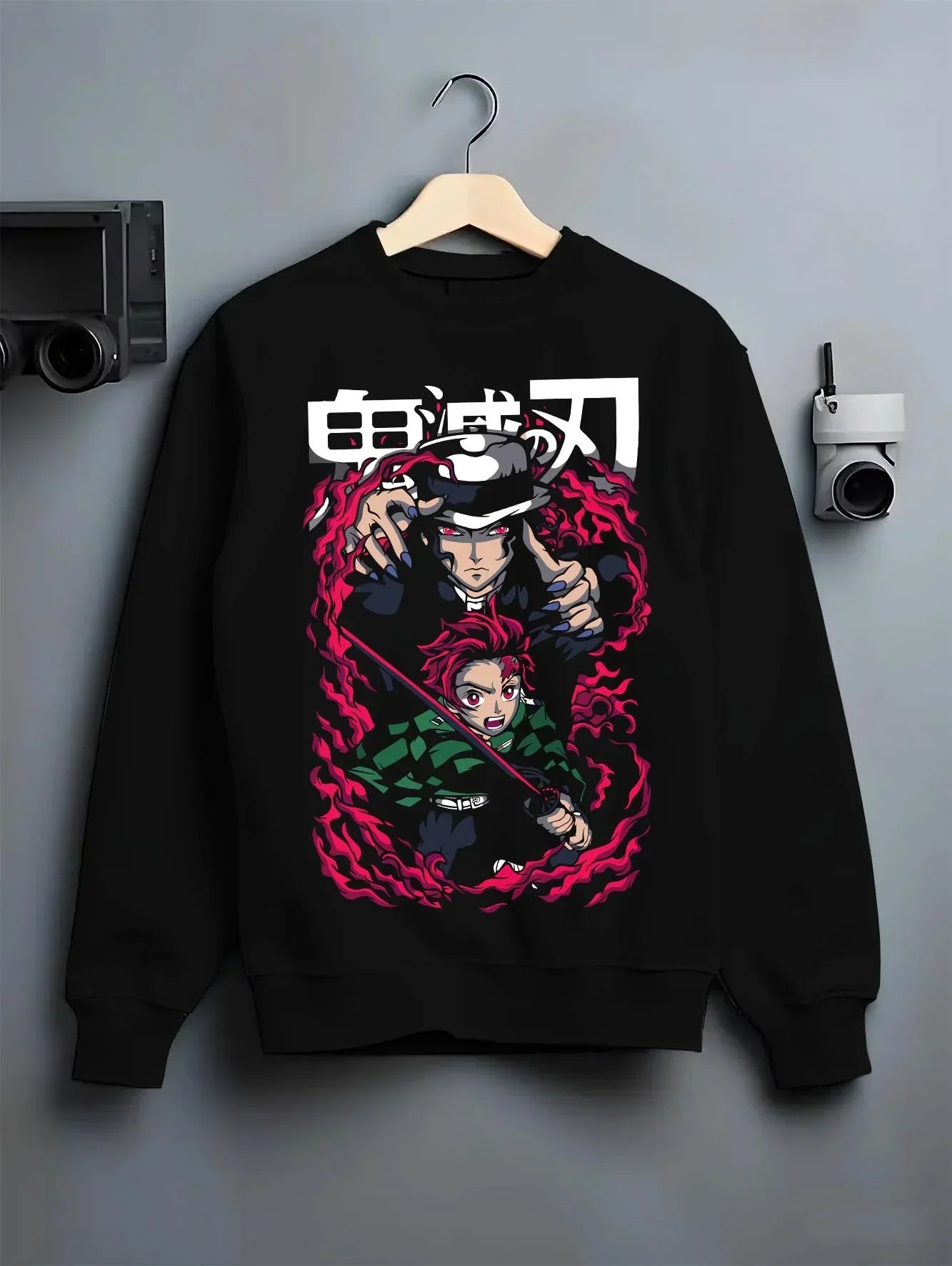 Black crewneck sweatshirt on hanger with Demon Slayer Hoodie Kokushibo Blade Duel Jumper graphic bold anime graphic.