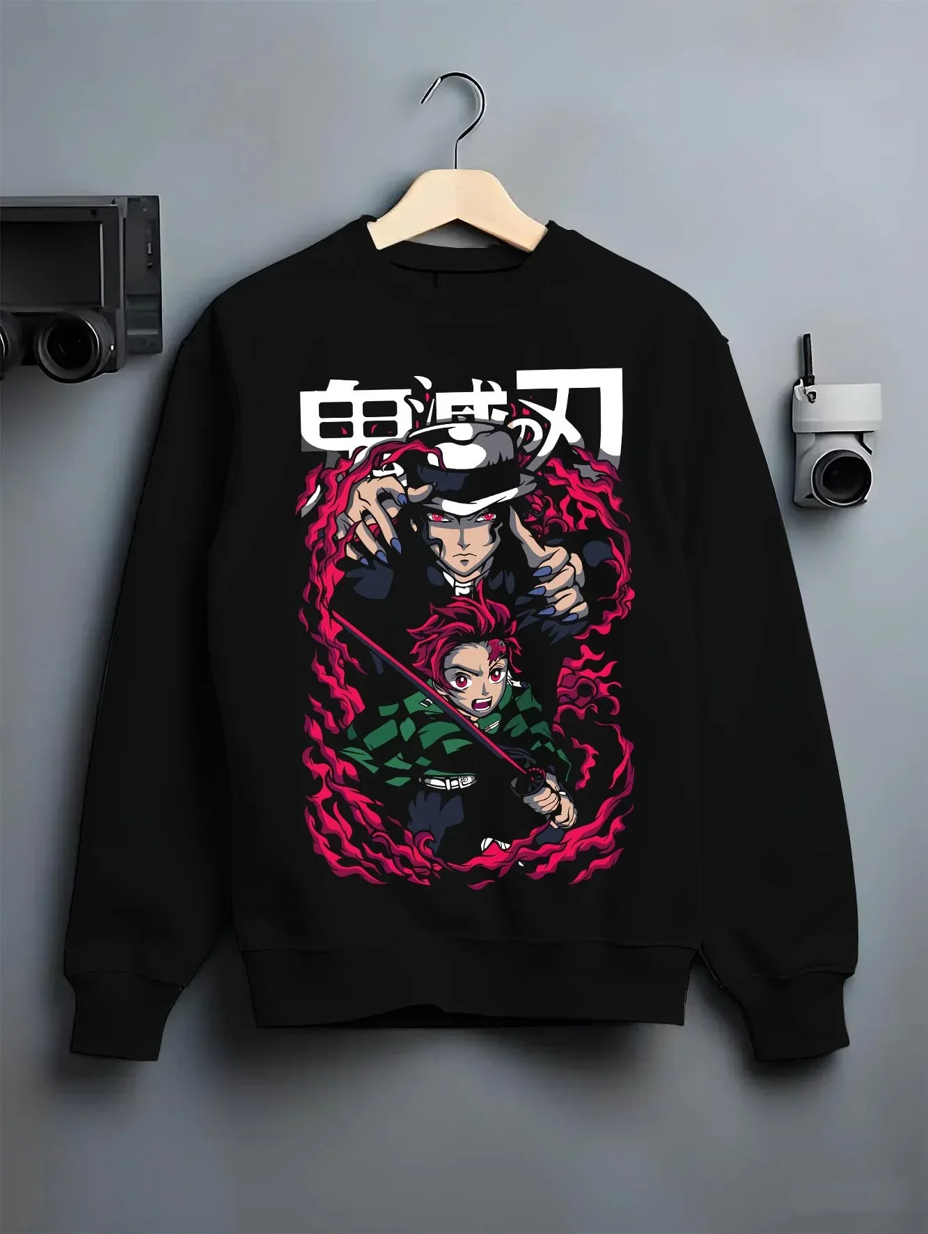 Black crewneck sweatshirt on hanger with Demon Slayer Hoodie Kokushibo Blade Duel Jumper graphic bold anime graphic.