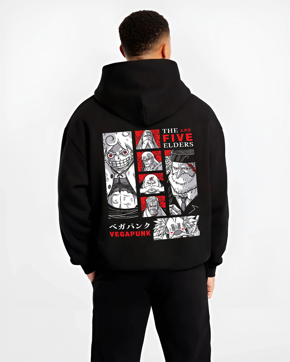 Black hoodie model back view showing The Five Elders from One Piece: One Piece Gorosei lineup