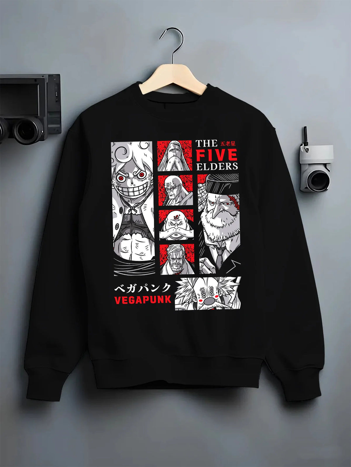 Black crewneck sweatshirt on hanger showing The Five Elders from One Piece: One Piece Gorosei lineup