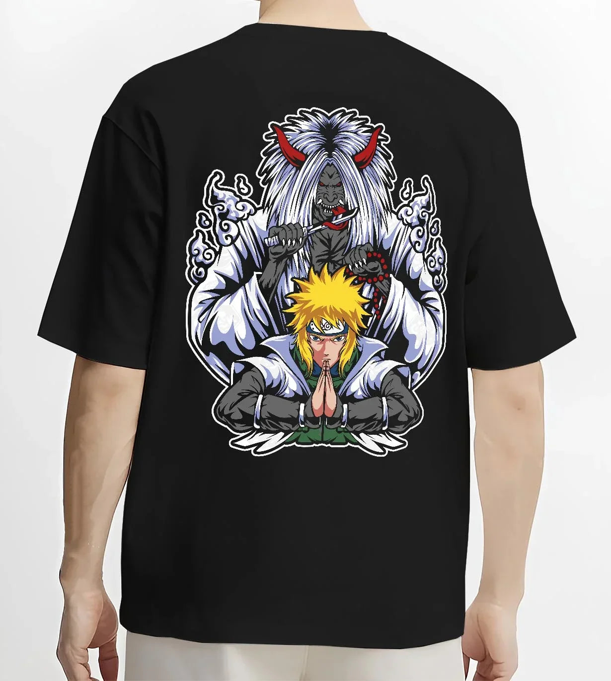 Black T-shirt worn by male model, back view with Naruto Hoodie Minato Namikaze Fourth Hokage Jumper graphic premium wear.