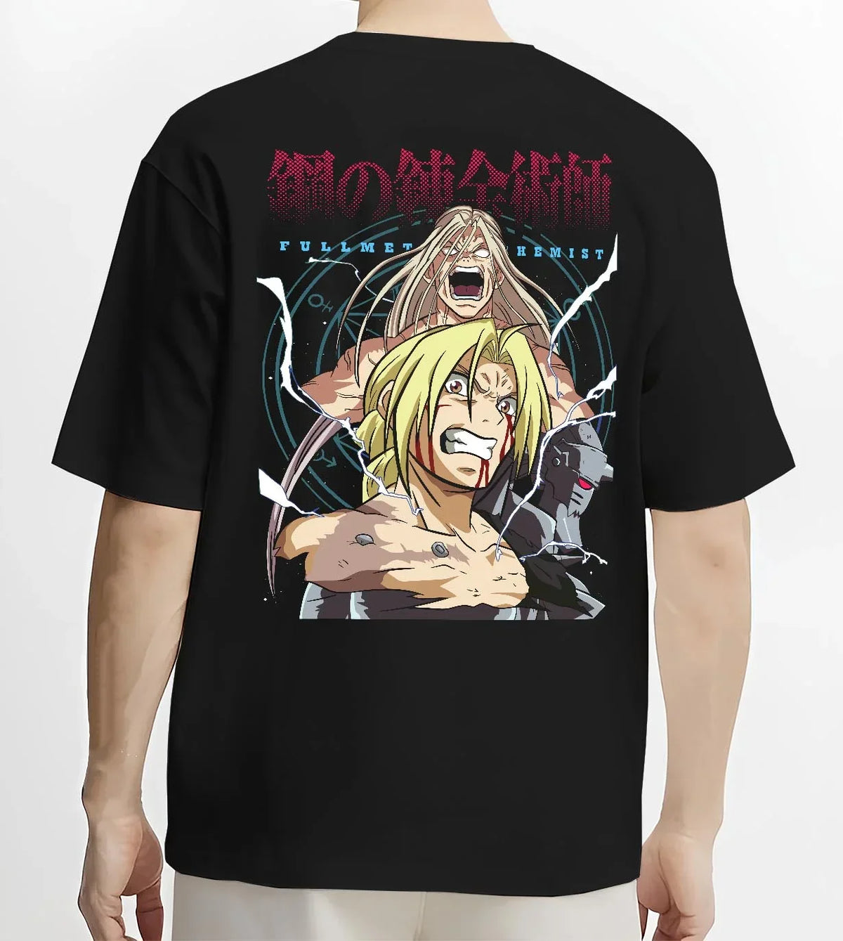 Black T-shirt worn by male model, back view with Edward Elric Hoodie Fullmetal Alchemist Rage Battle graphic premium wear.