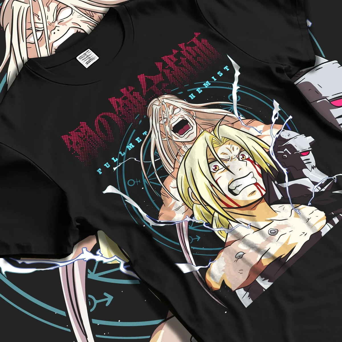 Black T-shirt laid flat with natural folds with Edward Elric Hoodie Fullmetal Alchemist Rage Battle graphic streetwear graphic.