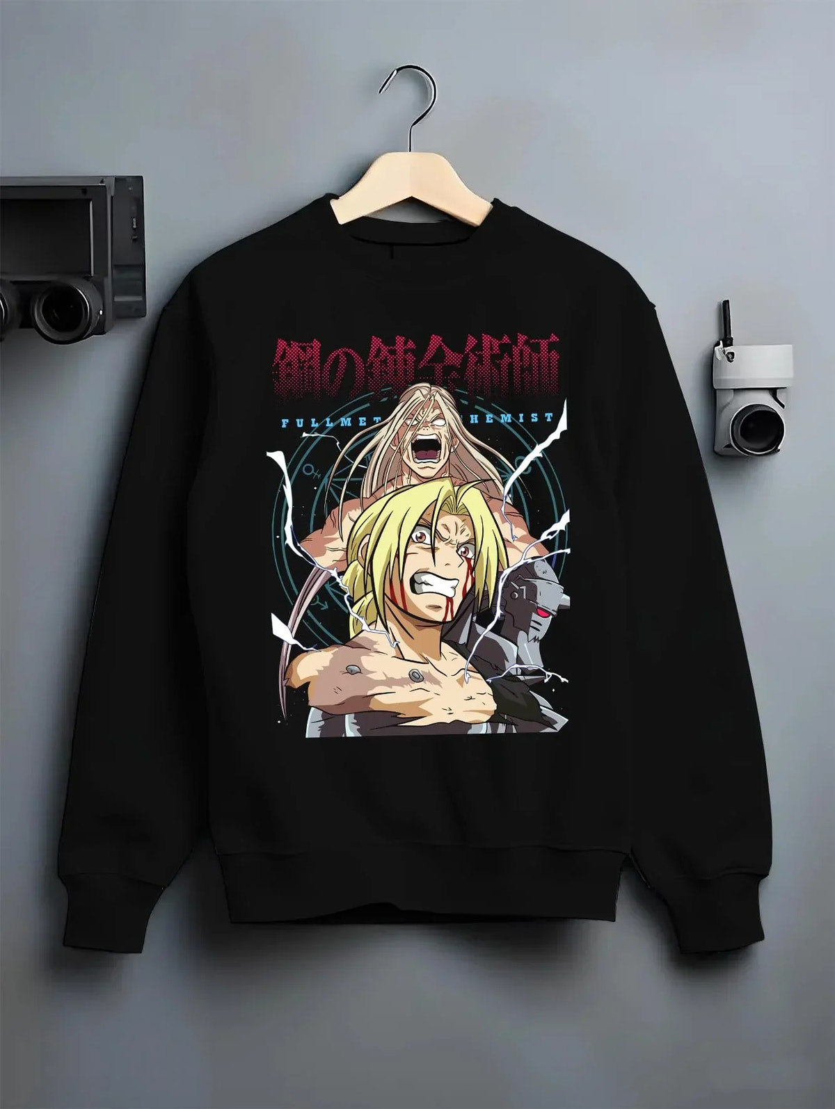 Black crewneck sweatshirt on hanger with Edward Elric Hoodie Fullmetal Alchemist Rage Battle graphic streetwear graphic.