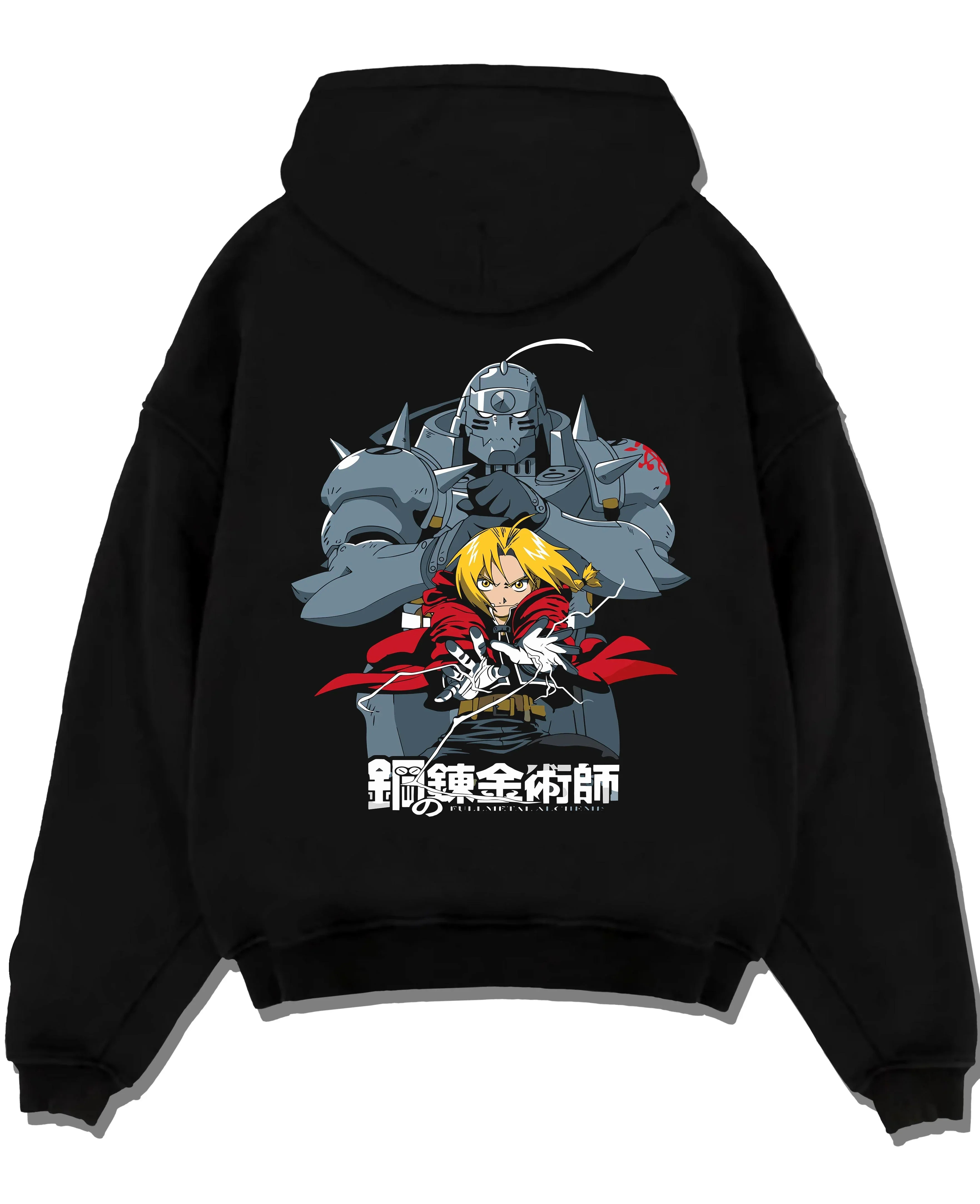 Black pullover hoodie laid flat with Edward Elric Hoodie Fullmetal Alchemist Silver Armor graphic streetwear graphic.