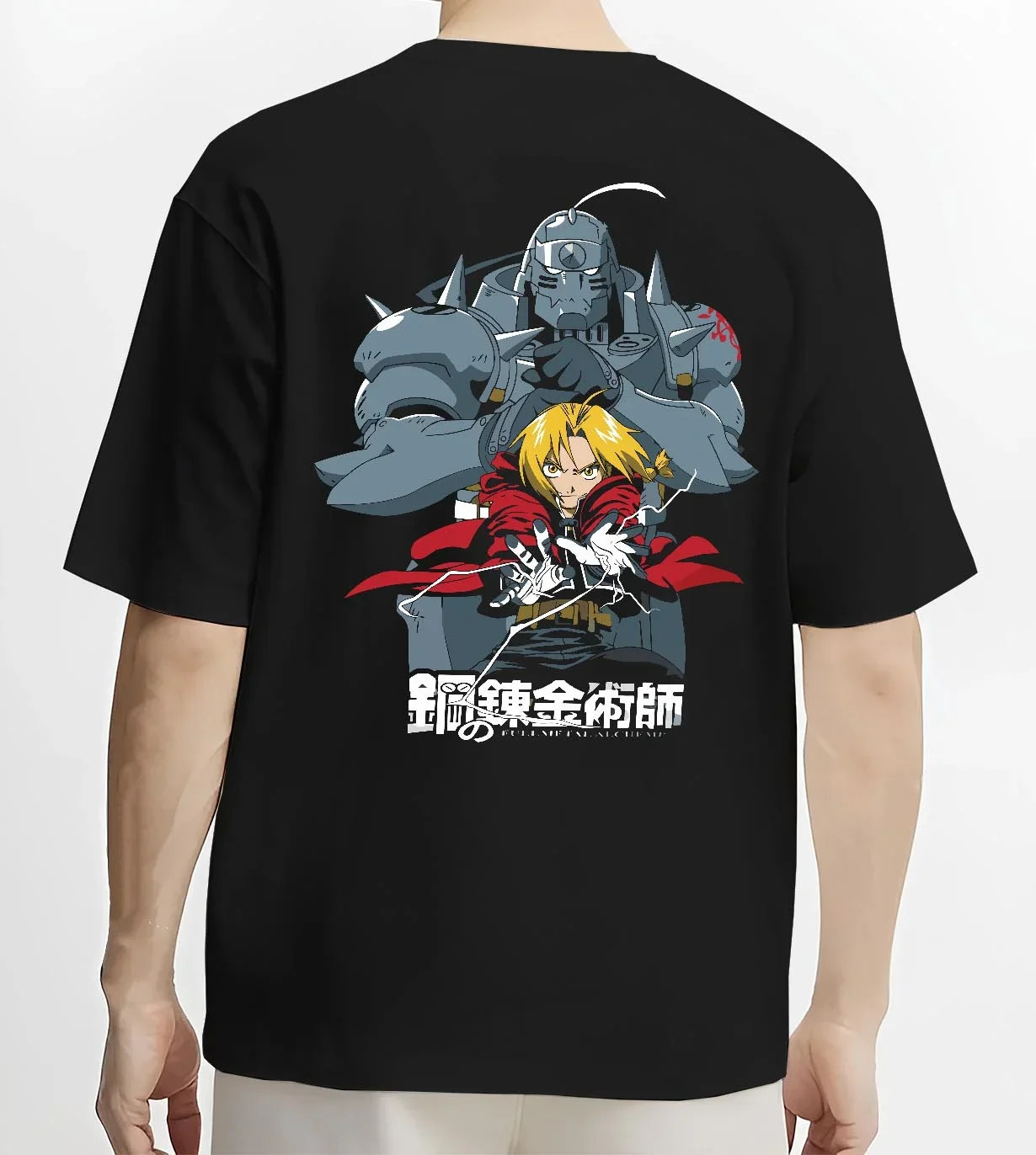 Black T-shirt worn by male model, back view with Edward Elric Hoodie Fullmetal Alchemist Silver Armor graphic streetwear graphic.