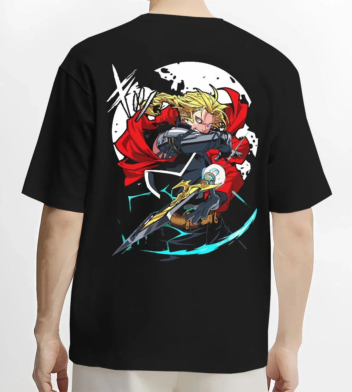 Black T-shirt worn by male model, back view with Edward Elric Hoodie Fullmetal Alchemist Red Blade graphic bold anime graphic.