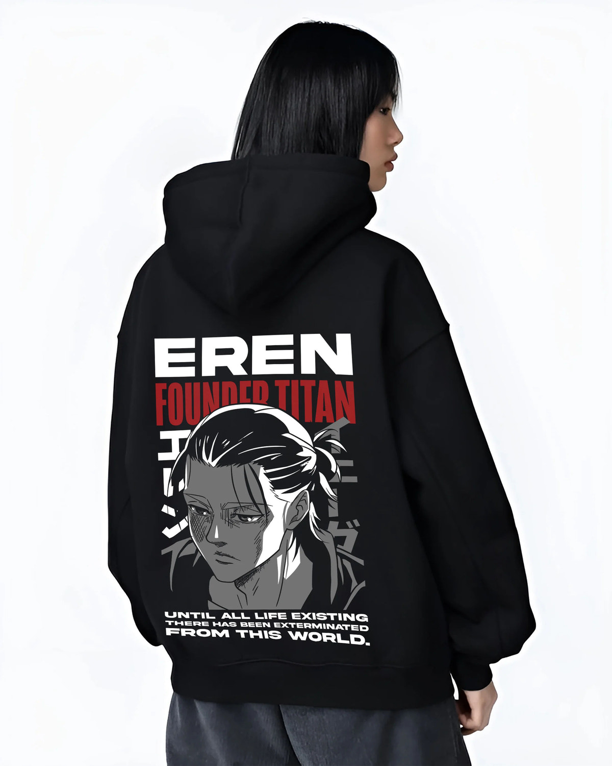 Black hoodie female model back view with Eren Yeager / Founding Titan portrait from Attack on Titan illustrated back graphic