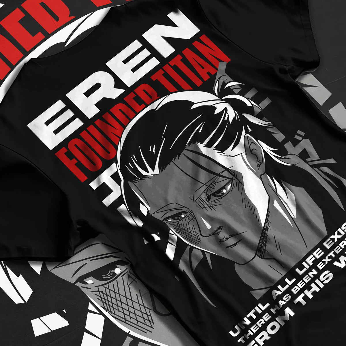 Black T-shirt flat back view with Eren Yeager / Founding Titan portrait from Attack on Titan illustrated back graphic