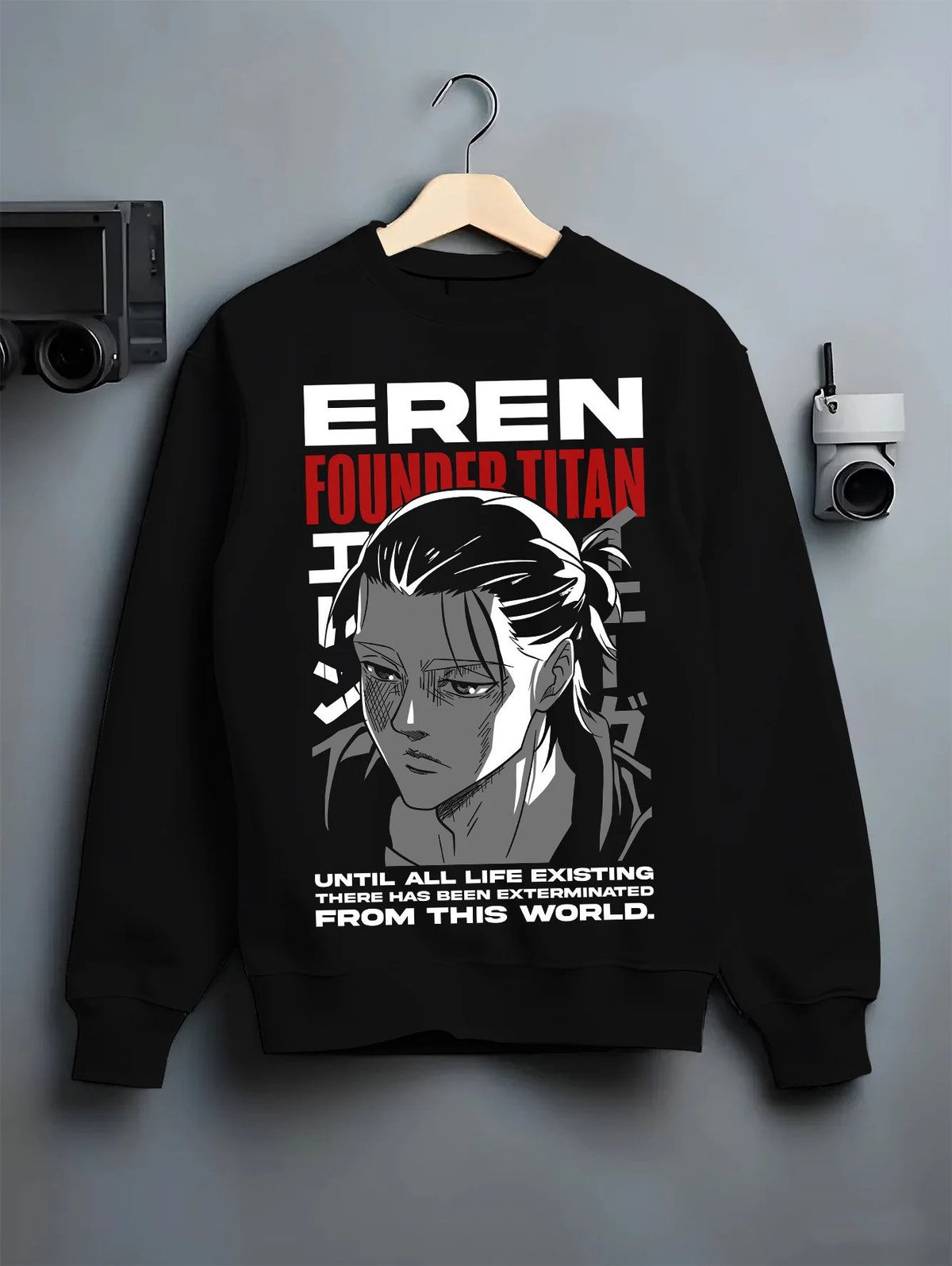 Black crewneck sweatshirt on hanger with Eren Yeager / Founding Titan portrait from Attack on Titan illustrated back graphic