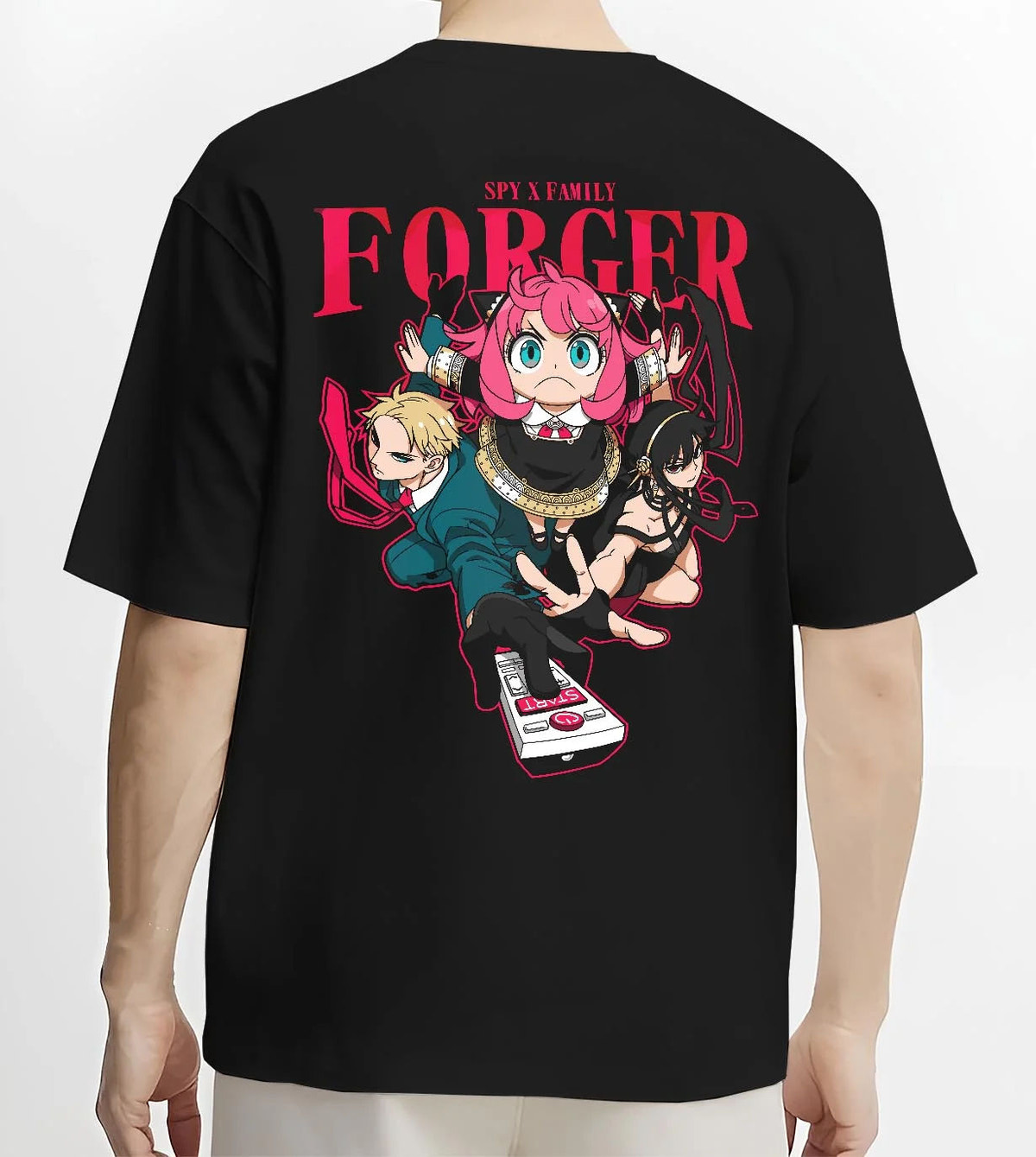Black T-shirt worn by male model from the back featuring The Forgers Spy x Family family portrait artwork.