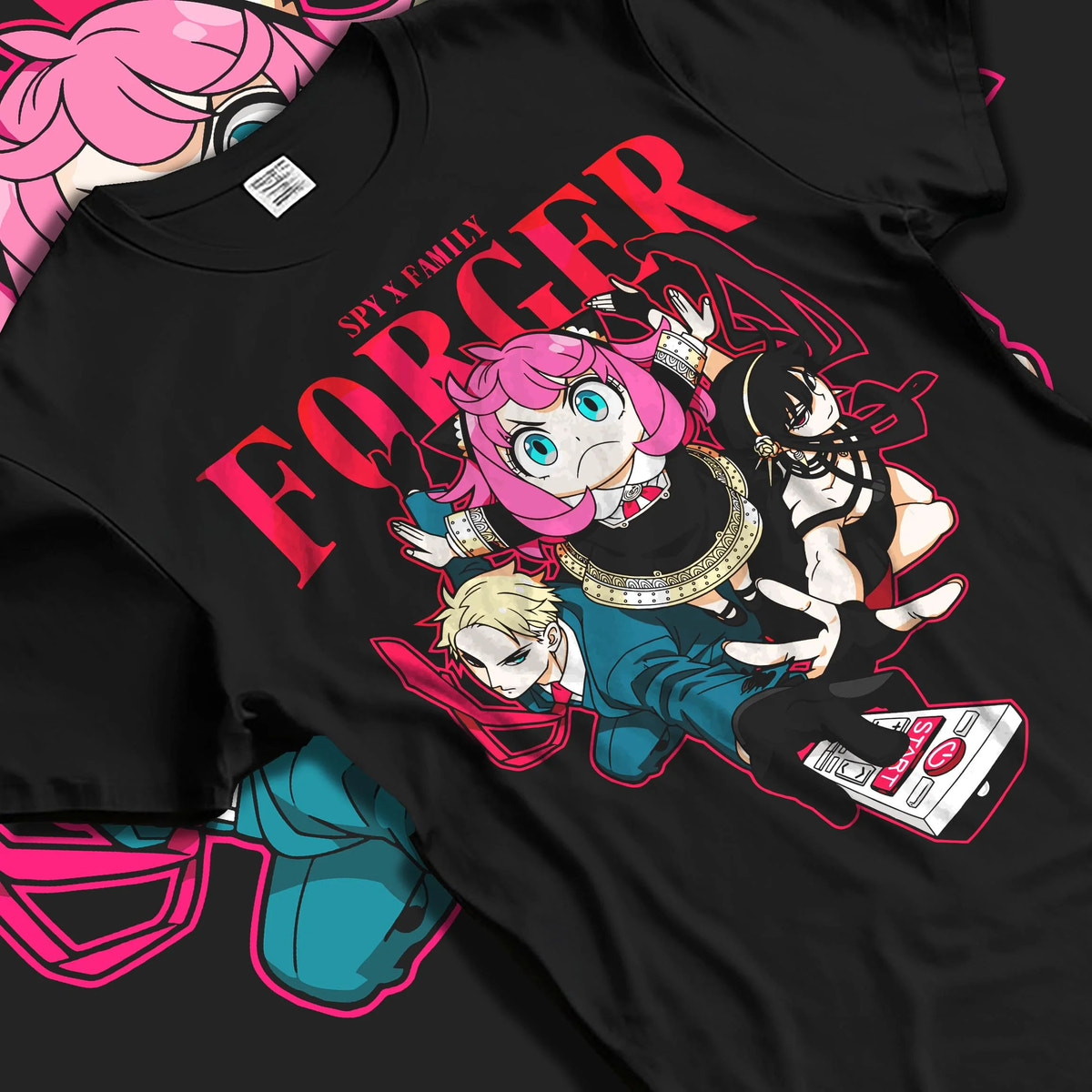 Black T-shirt laid flat with natural folds featuring The Forgers Spy x Family family portrait artwork.