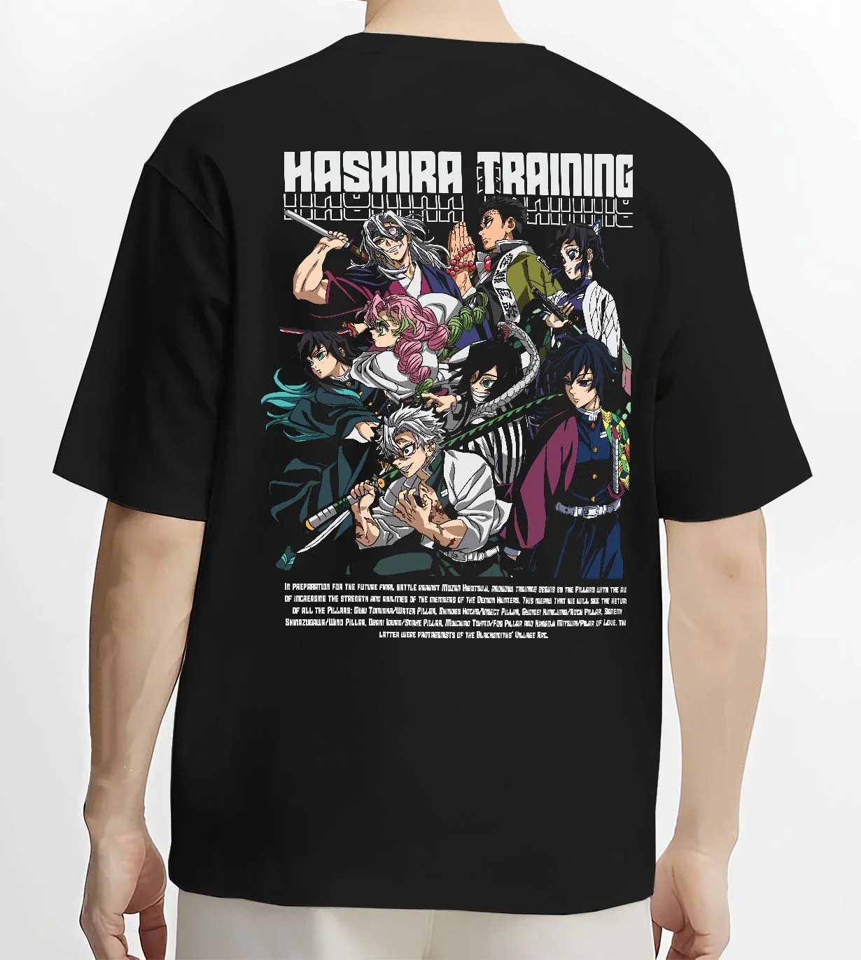 Black T-shirt worn by male model, back view with Demon Slayer Hoodie Hashira Training Group Roster graphic nan anime design.