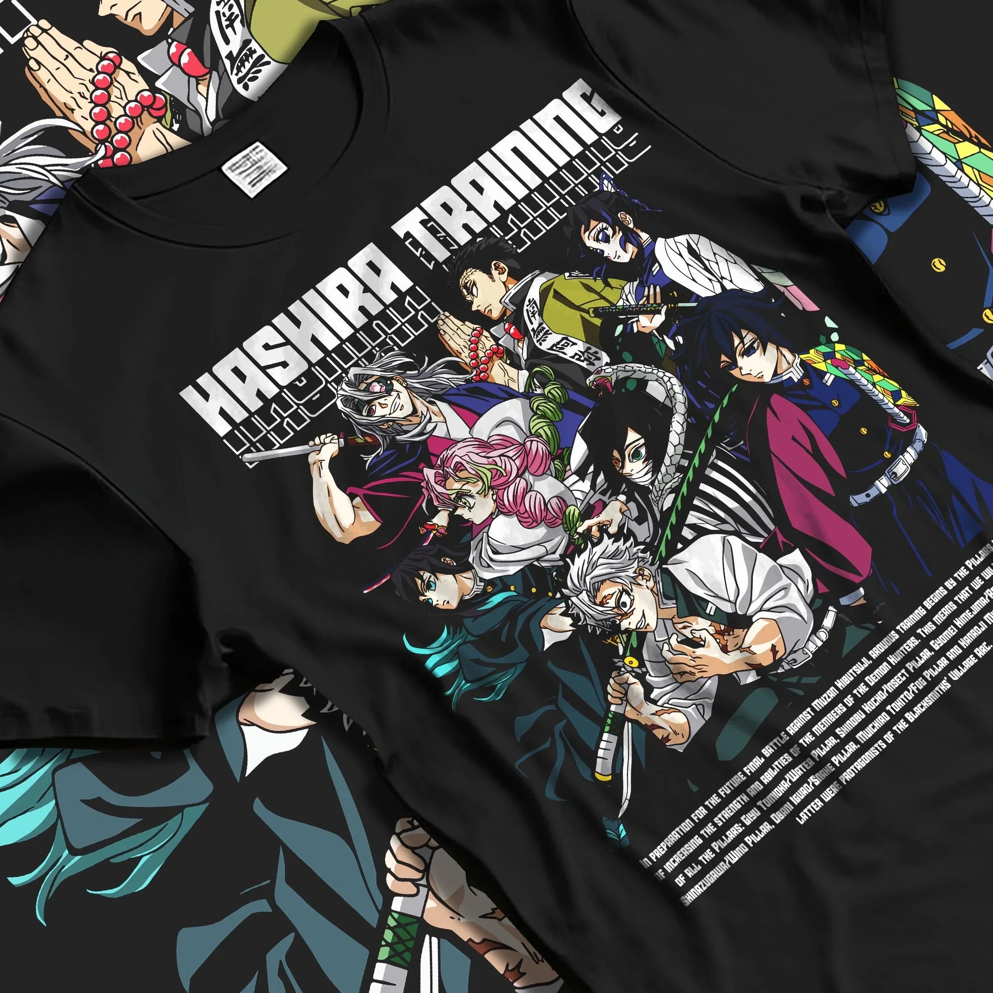 Black T-shirt laid flat with natural folds with Demon Slayer Hoodie Hashira Training Group Roster graphic premium wear.